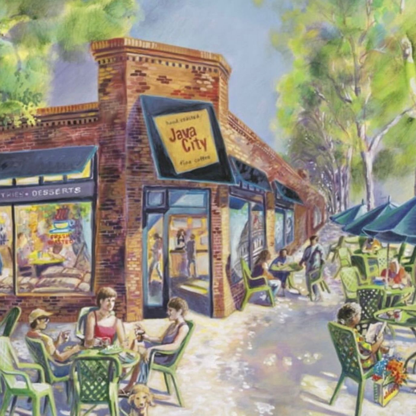 Illustration of a street scene with people sitting at outdoor tables in front of a building named 'Java City'.