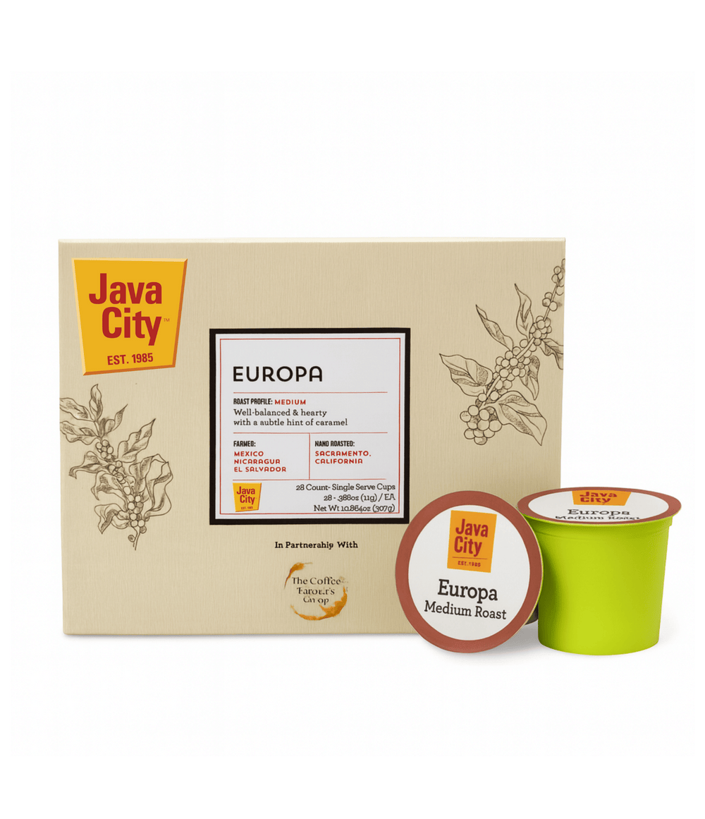 Java City Europa coffee packaging with a box and two single-serve cups on a white background