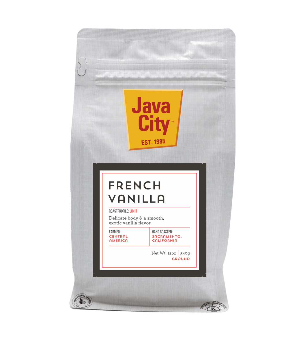 Java City French Vanilla coffee package on a transparent background
