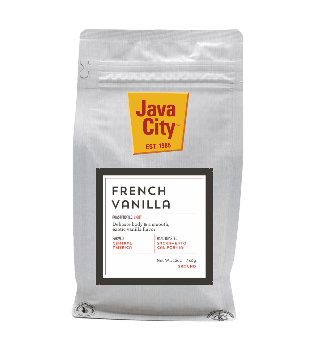 Java City French Vanilla coffee package on a transparent background