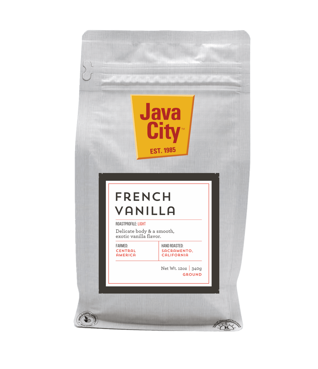 Java City French Vanilla coffee package on a transparent background