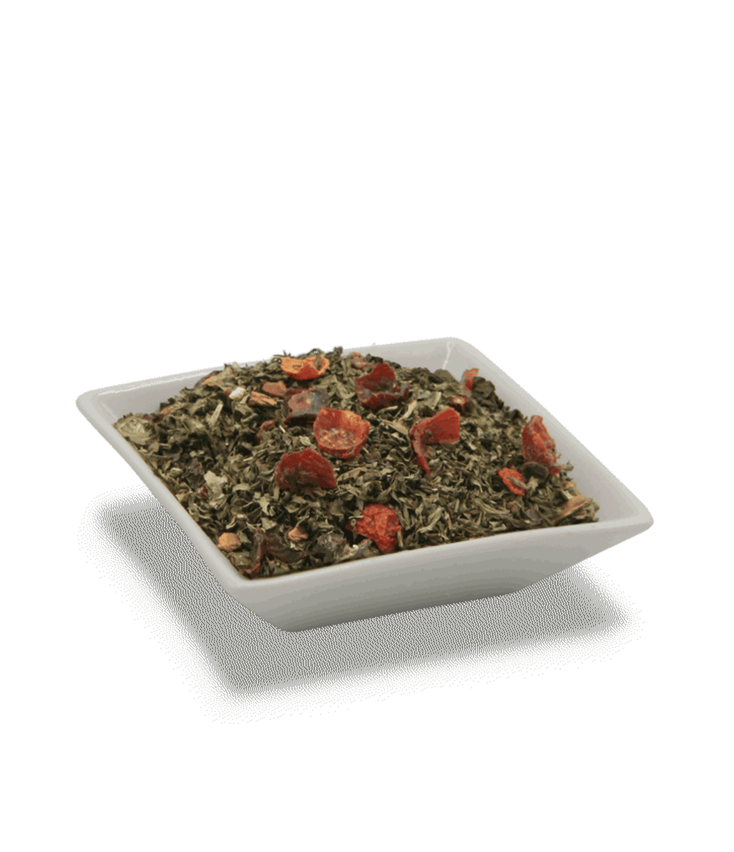 Herbal tea in a white square bowl on a transparent background