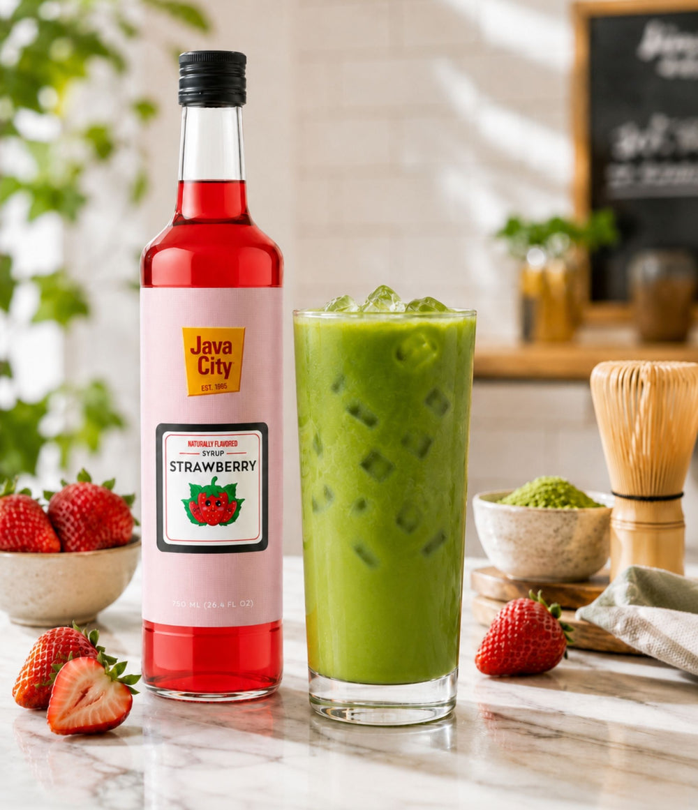 A bottle of Java City Strawberry syrup stands next to a tall glass filled with a green iced matcha drink on a marble countertop, with strawberries, bowls, and a bamboo whisk in a bright kitchen setting.