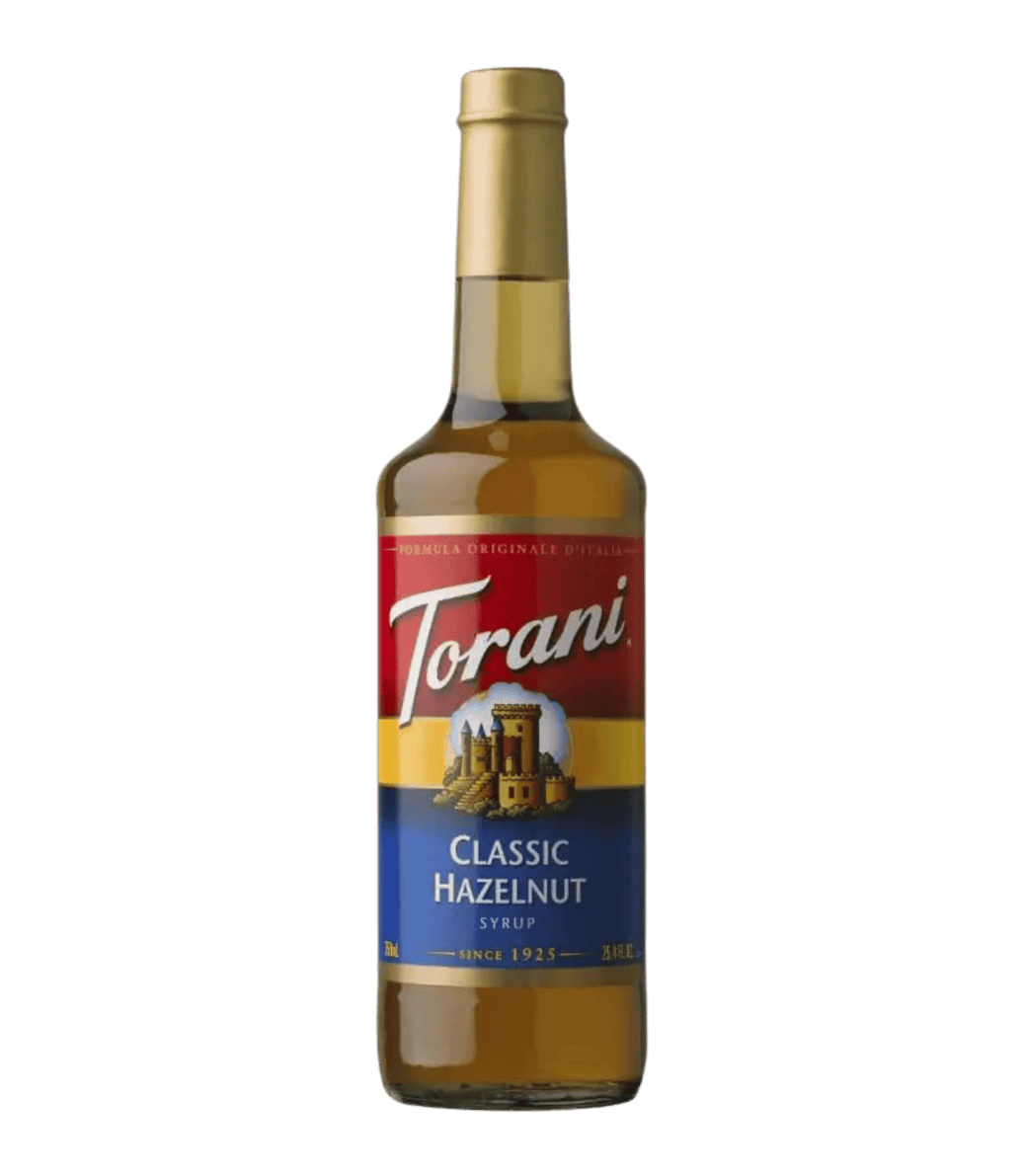 Torani Classic Hazelnut syrup bottle on a transparent background