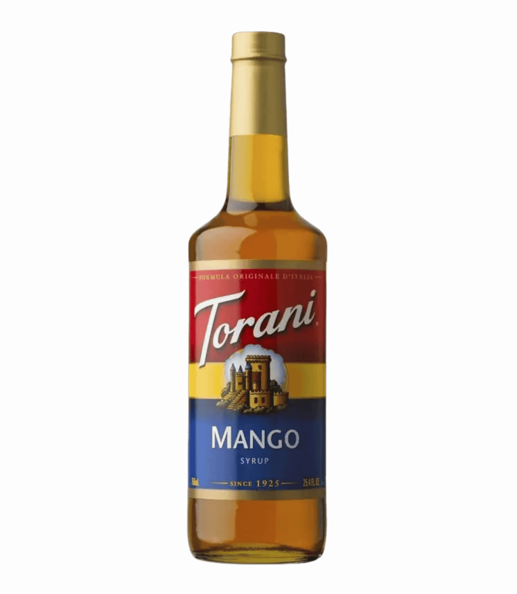 Torani mango syrup bottle on a white background.