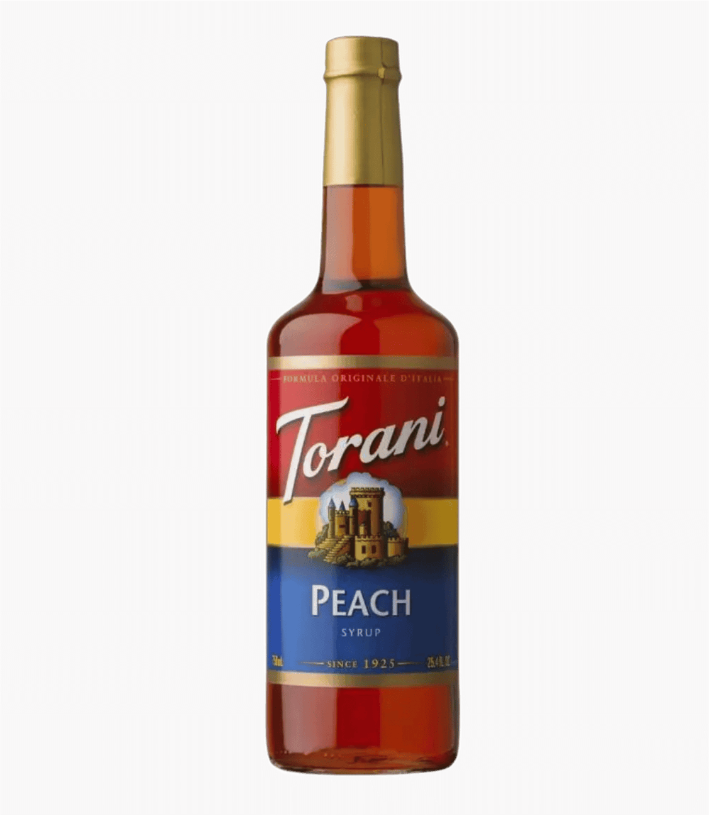 Torani Peach syrup bottle on a clear background