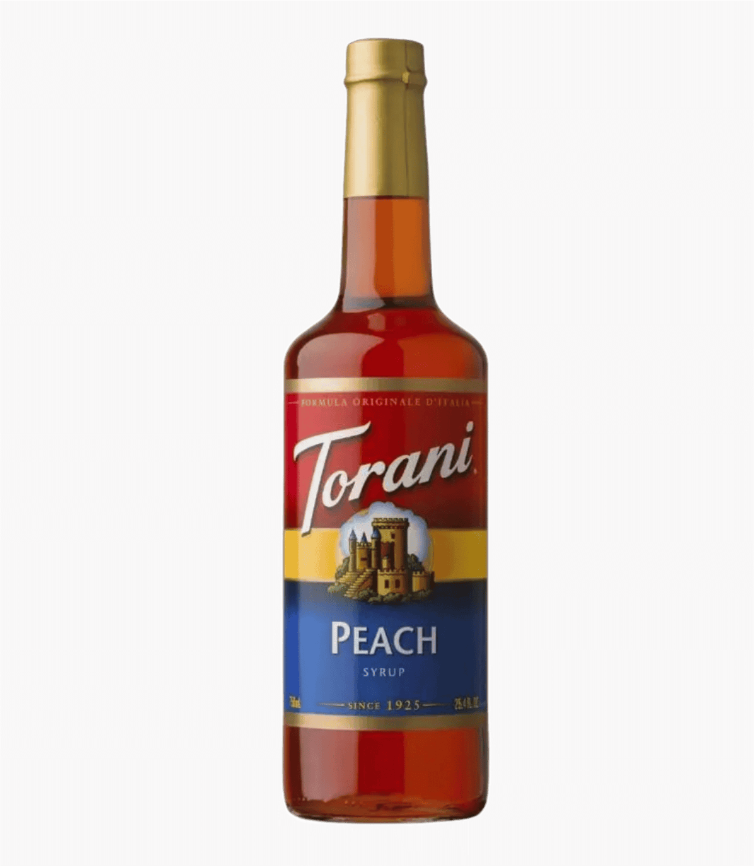 Torani Peach syrup bottle on a clear background