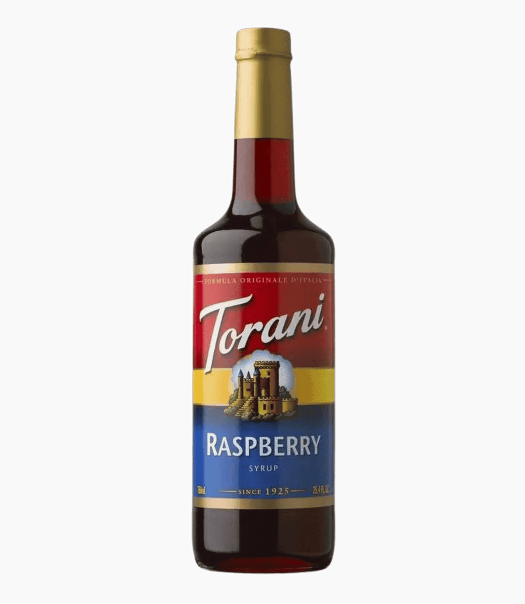 Torani Raspberry syrup bottle on a transparent background