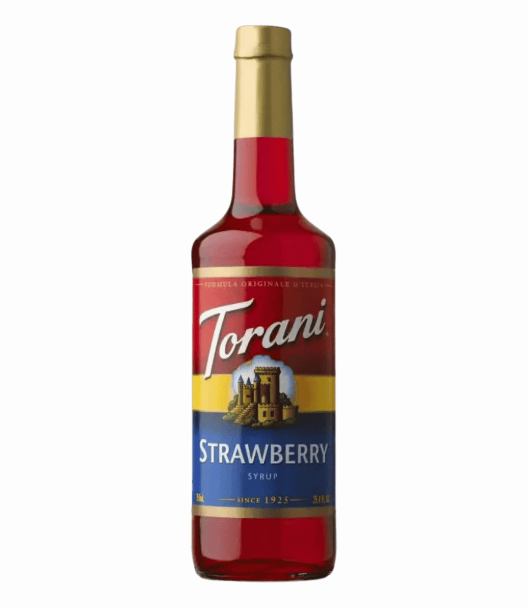 Torani Strawberry syrup bottle on a transparent background