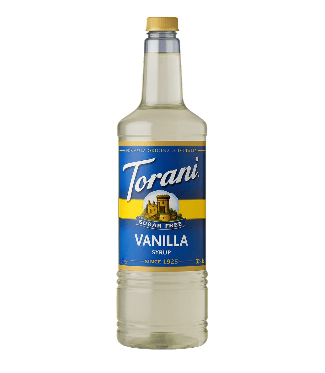 Torani Vanilla syrup bottle.