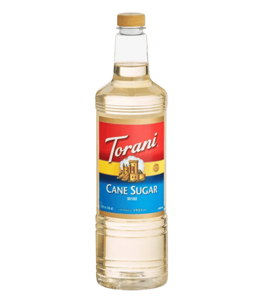 Torani cane sugar syrup bottle on a white background