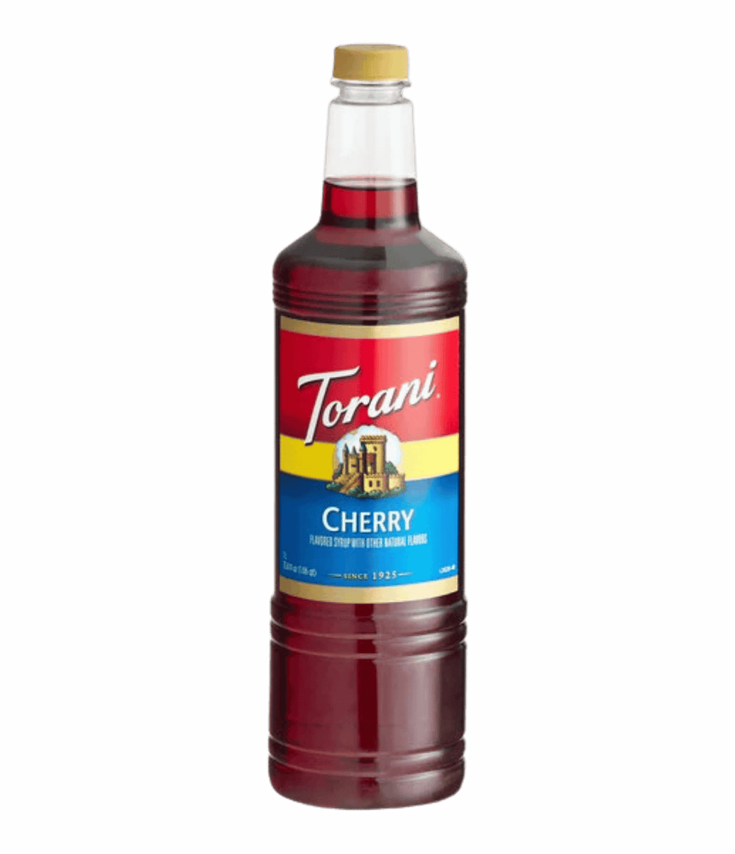 Torani Cherry syrup bottle on a transparent background