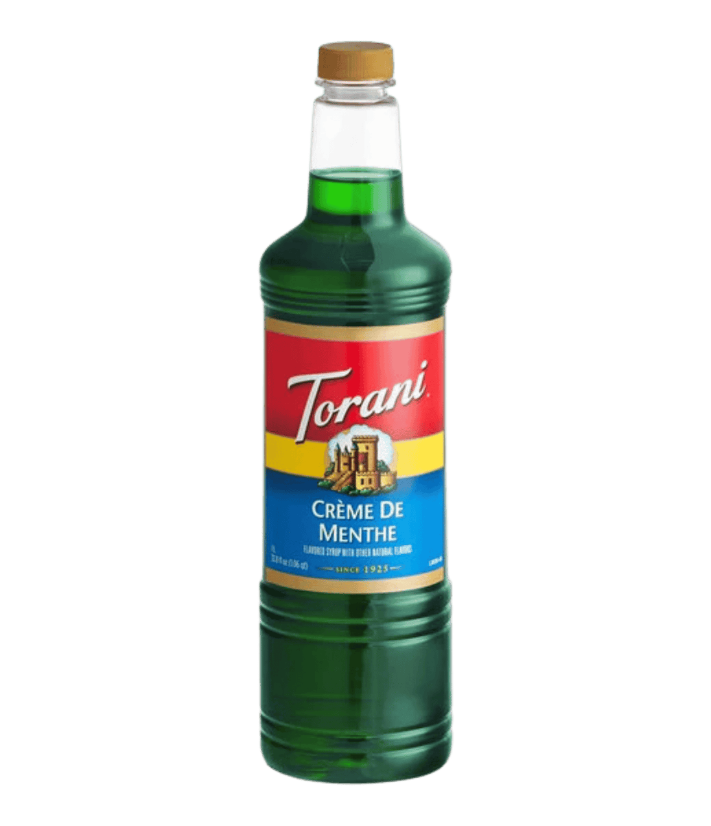 Torani Creme de Menthe syrup bottle on a transparent background