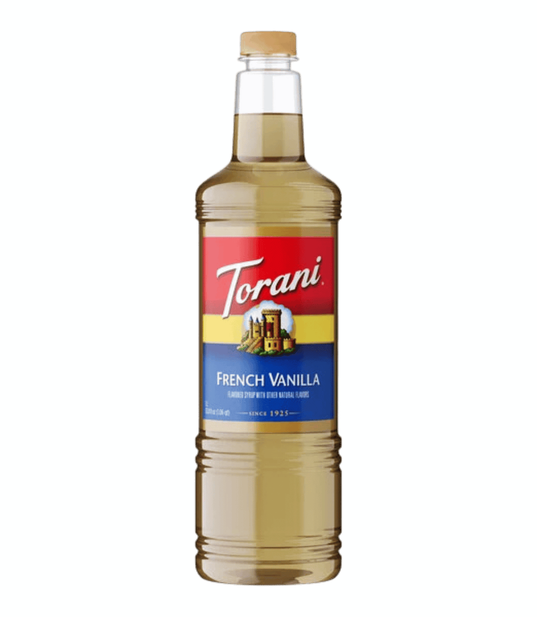 Torani French Vanilla syrup bottle on a transparent background