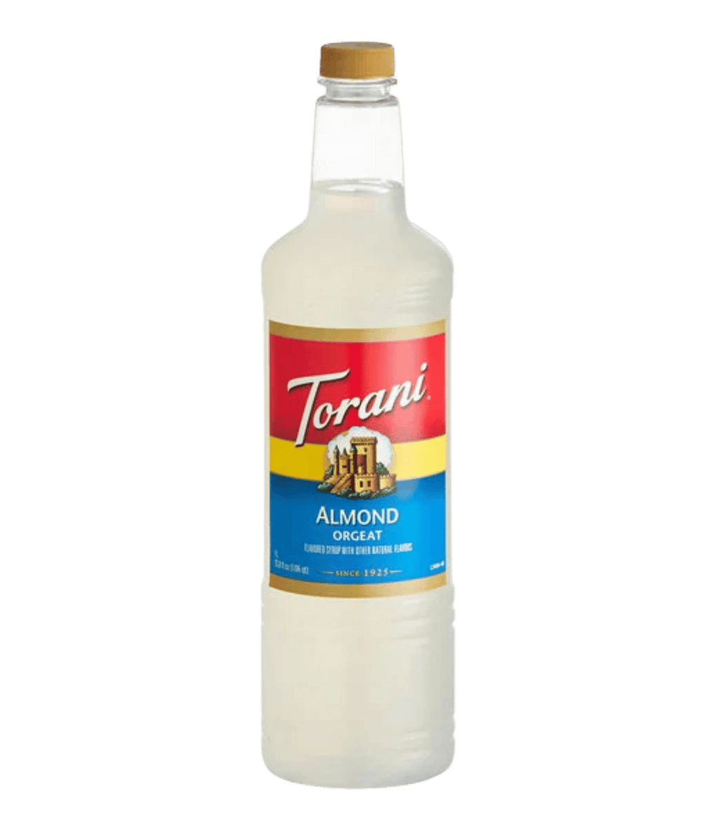 Torani Almond Oroce syrup bottle on a transparent background