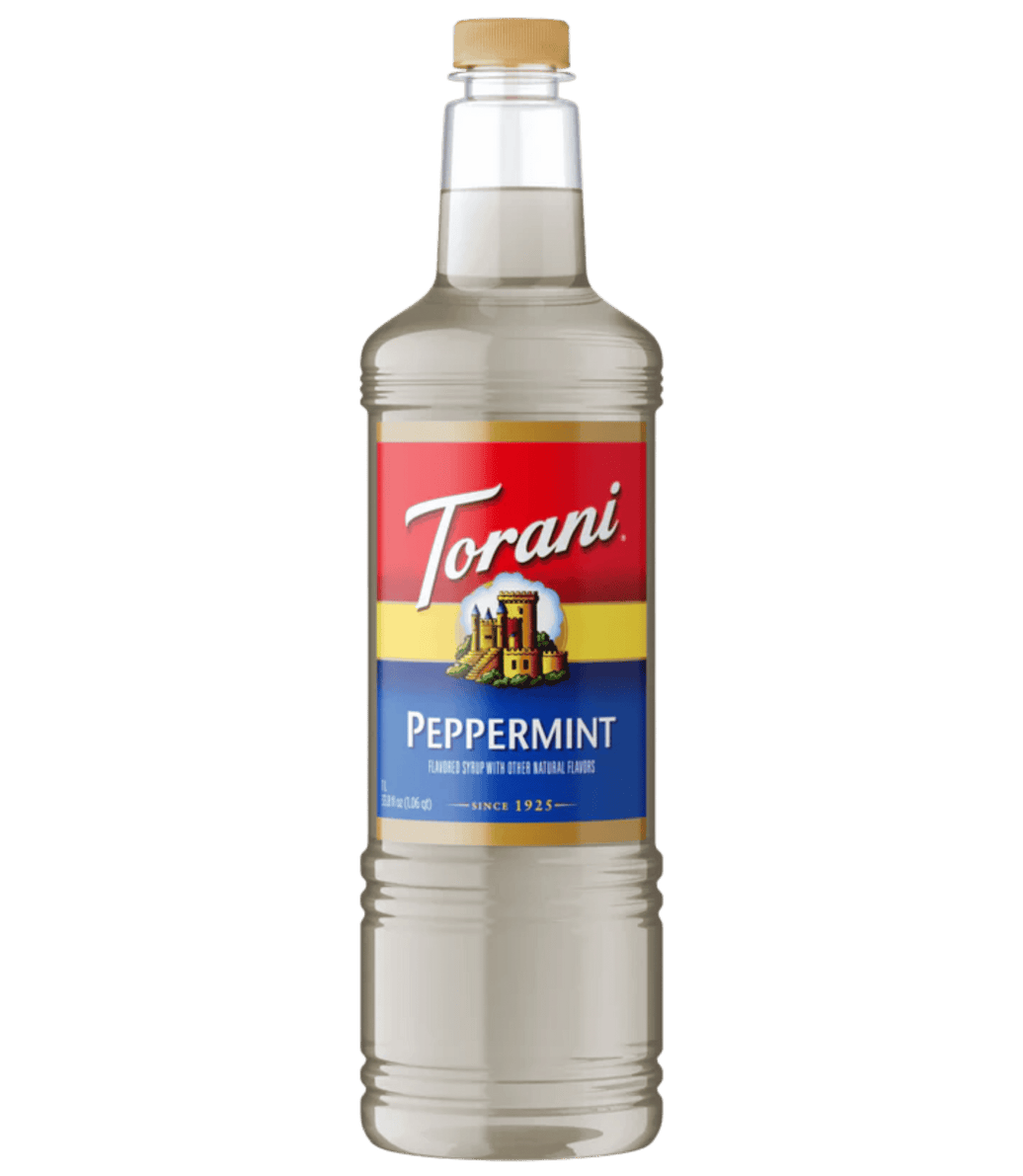 Torani Peppermint syrup bottle on a transparent background
