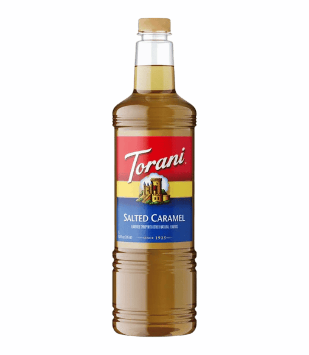 Bottle of Torani Salted Caramel syrup on a transparent background