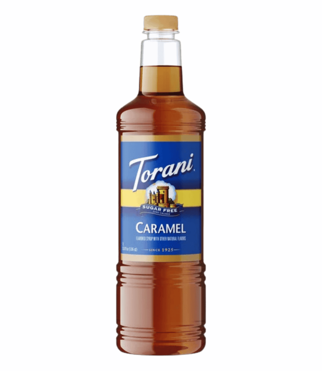 Bottle of Torani Caramel syrup on a transparent background