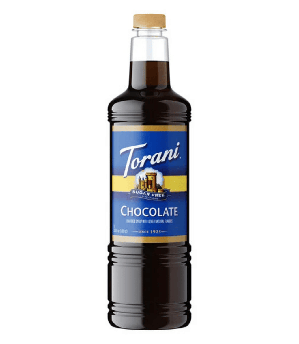 Bottle of Torani chocolate syrup on a transparent background