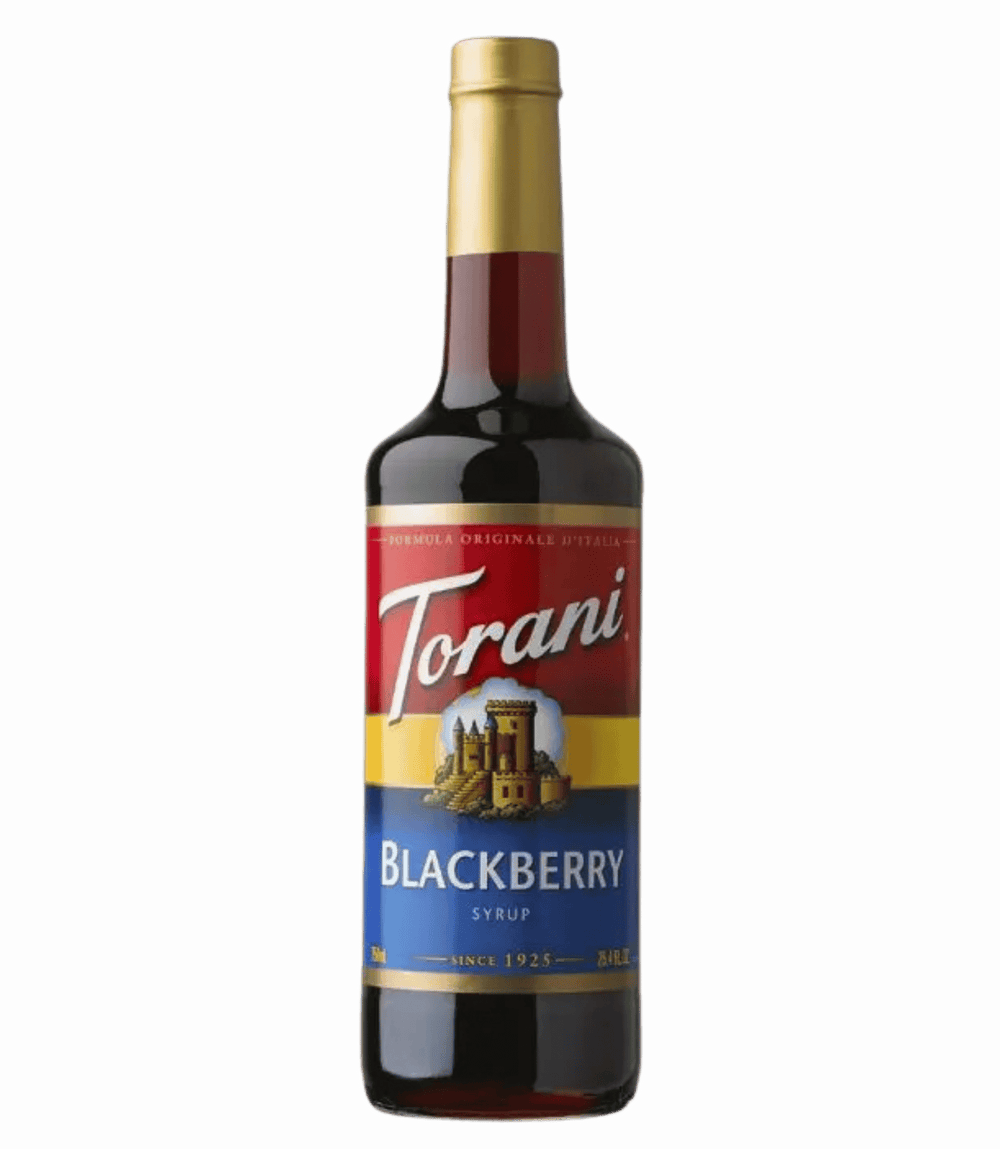 Torani Blackberry syrup bottle on a transparent background