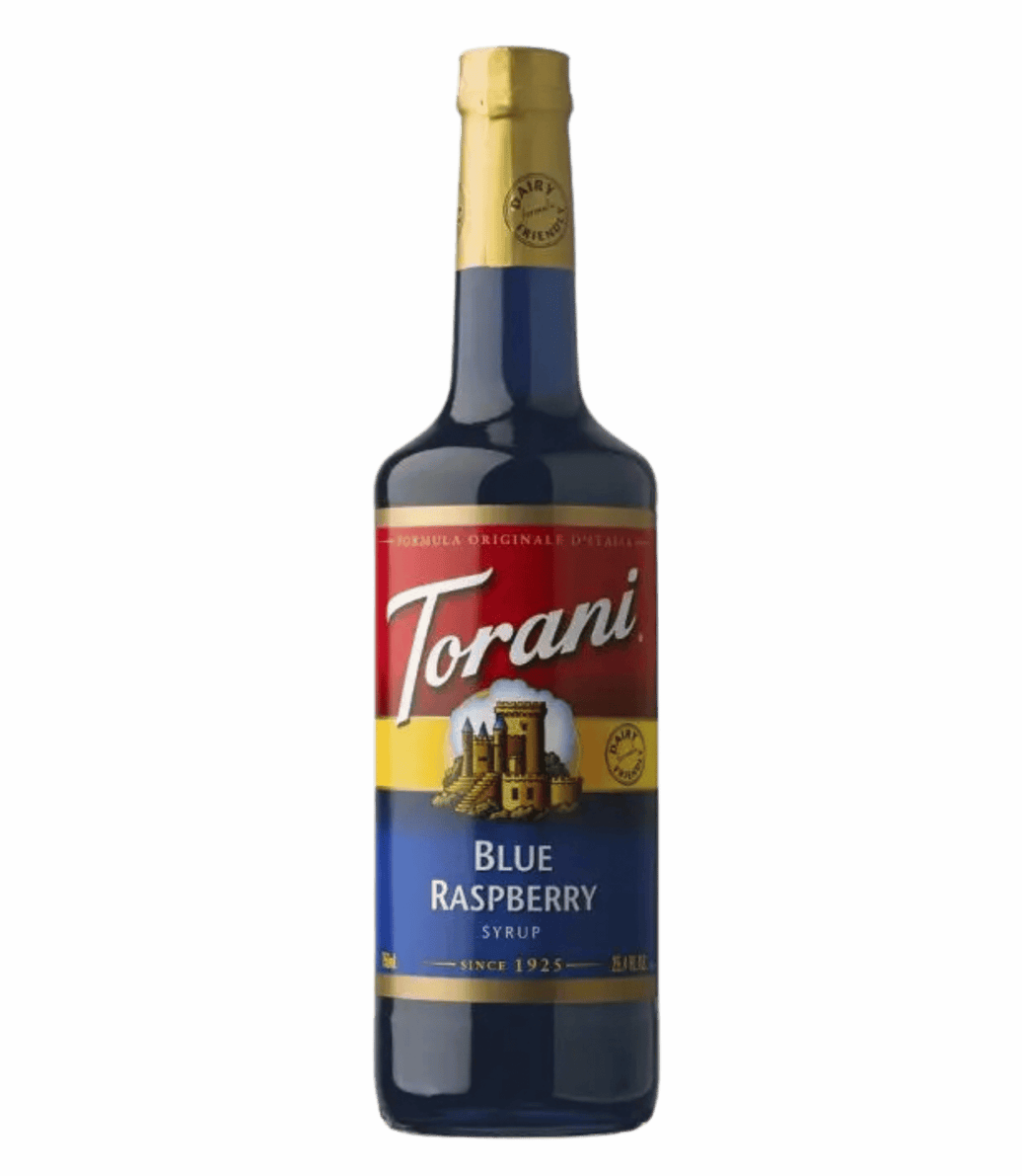 Torani Blue Raspberry syrup bottle on a transparent background
