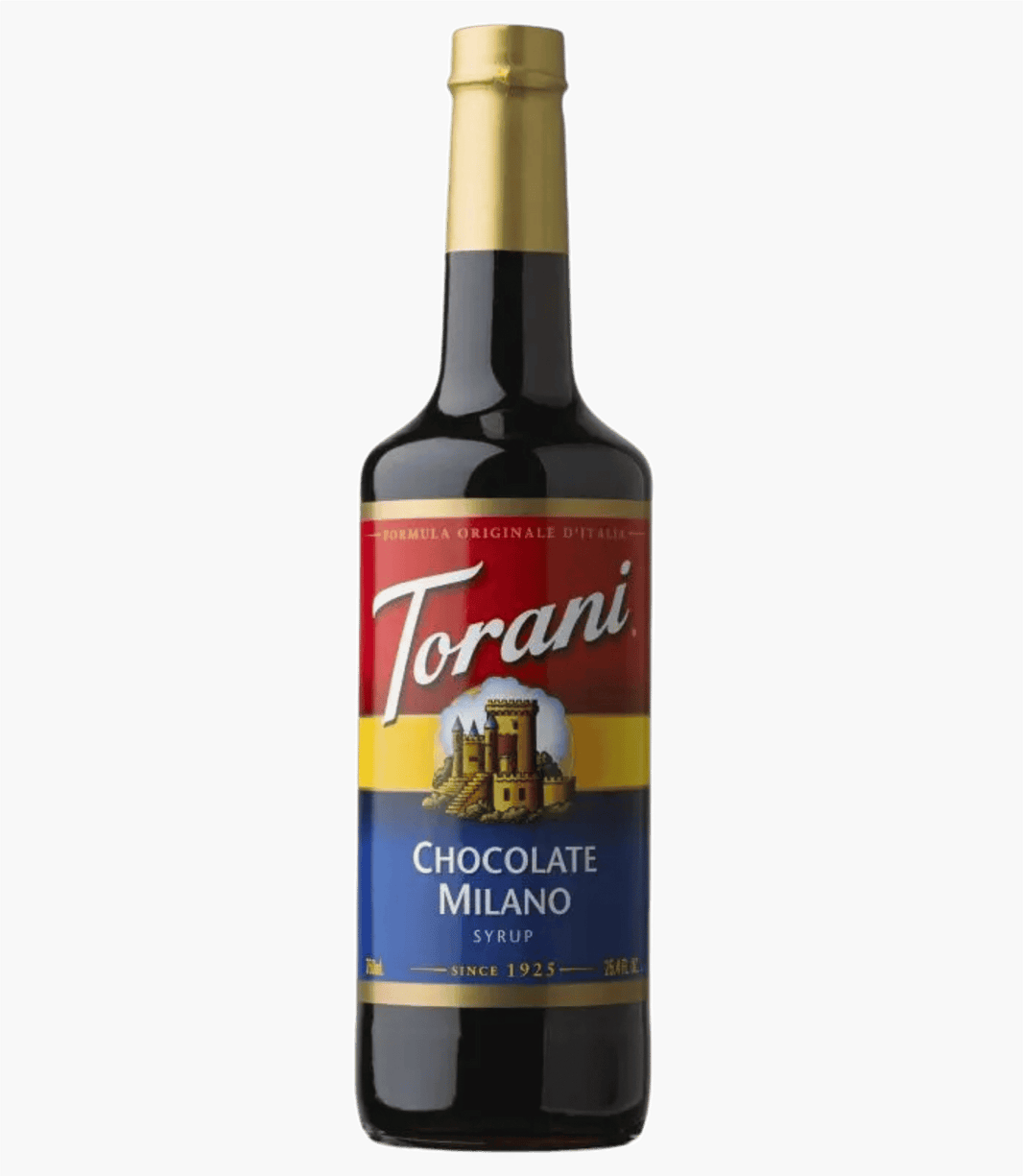 Bottle of Torani Chocolate Milano syrup on a transparent background