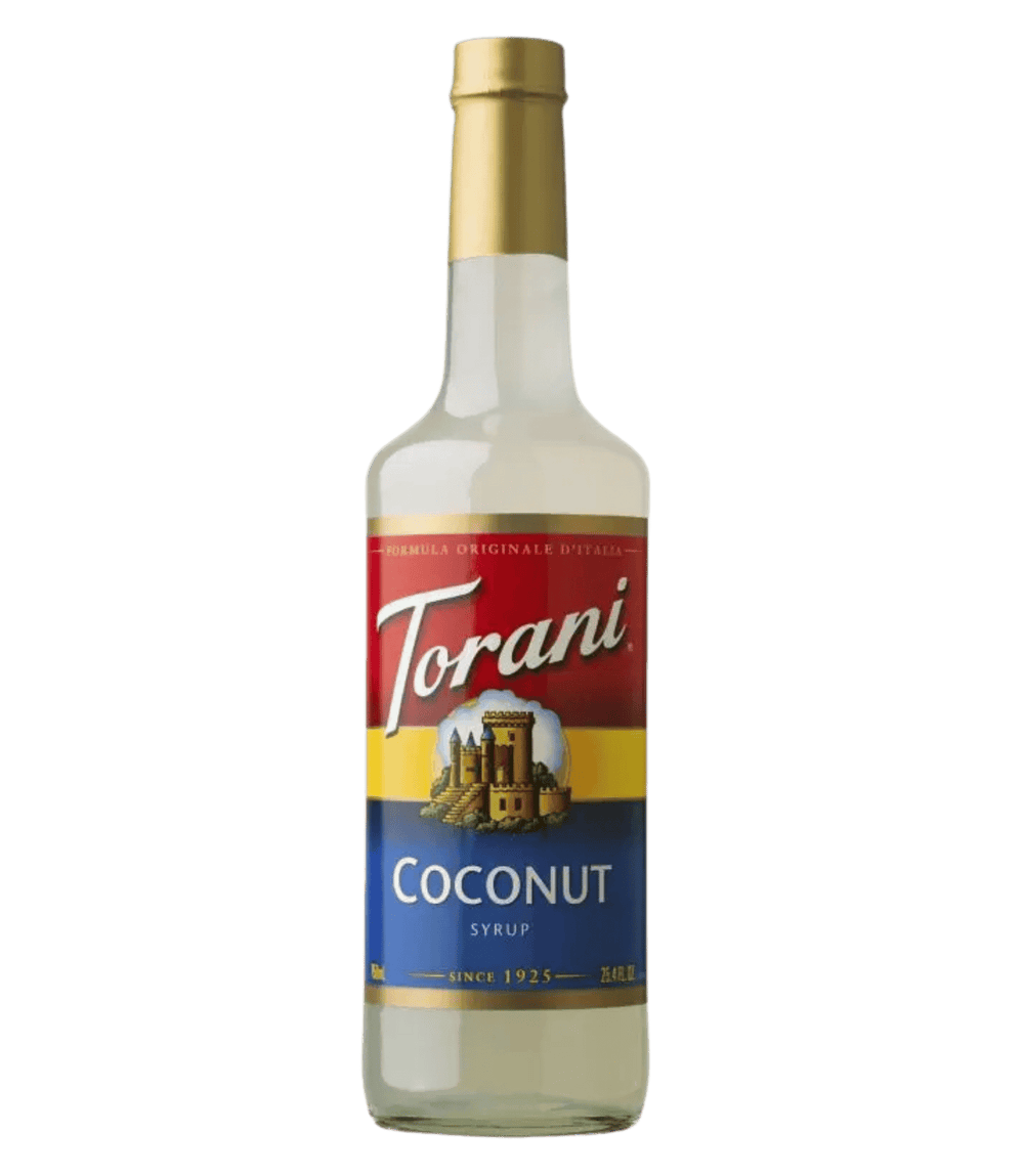 Torani Coconut syrup bottle on a white background