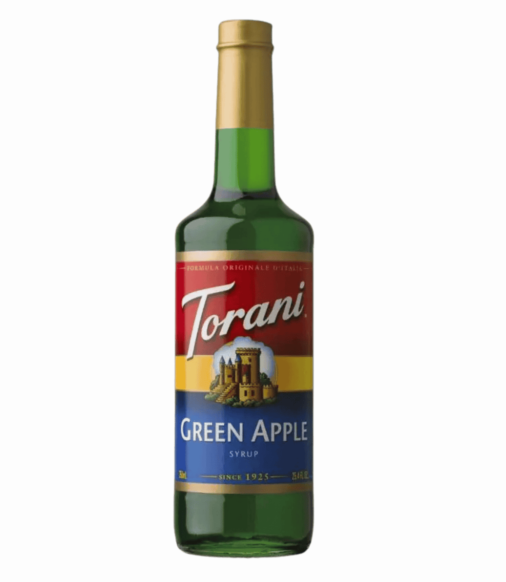 Bottle of Torani Green Apple syrup on a transparent background