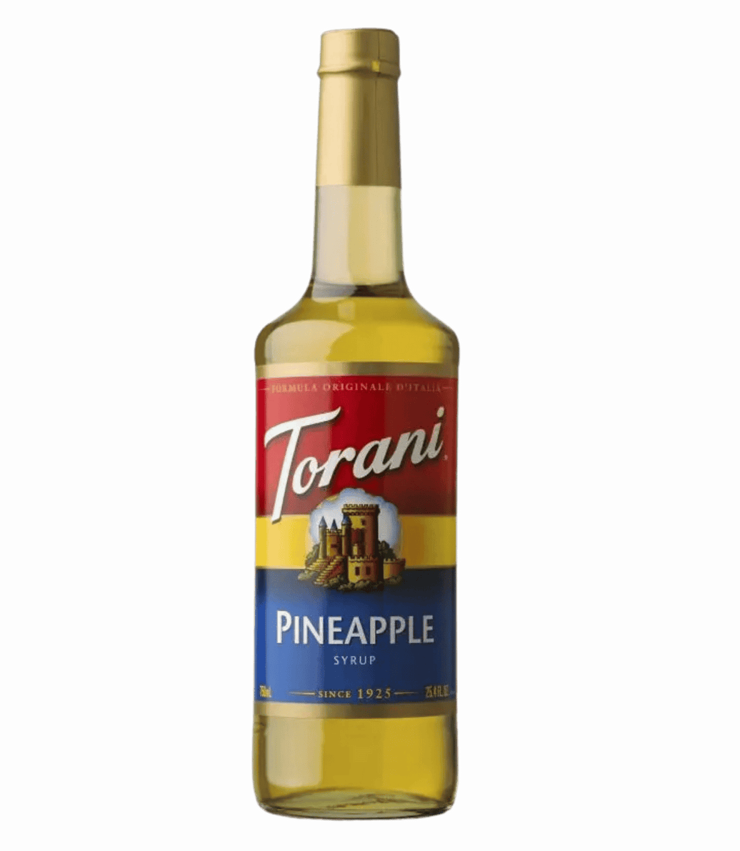 Torani Pineapple syrup bottle on a transparent background