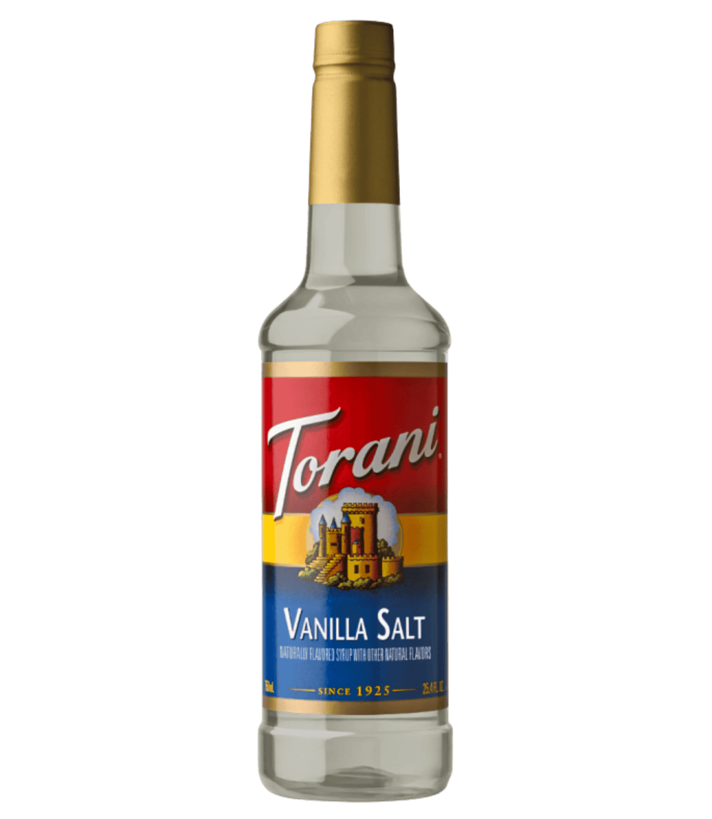 Torani Vanilla Salt syrup bottle on a transparent background