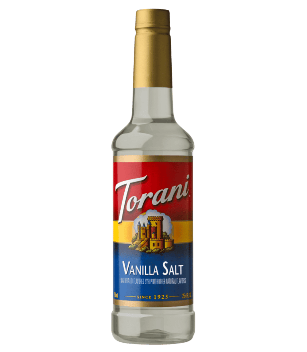 Torani Vanilla Salt syrup bottle on a transparent background