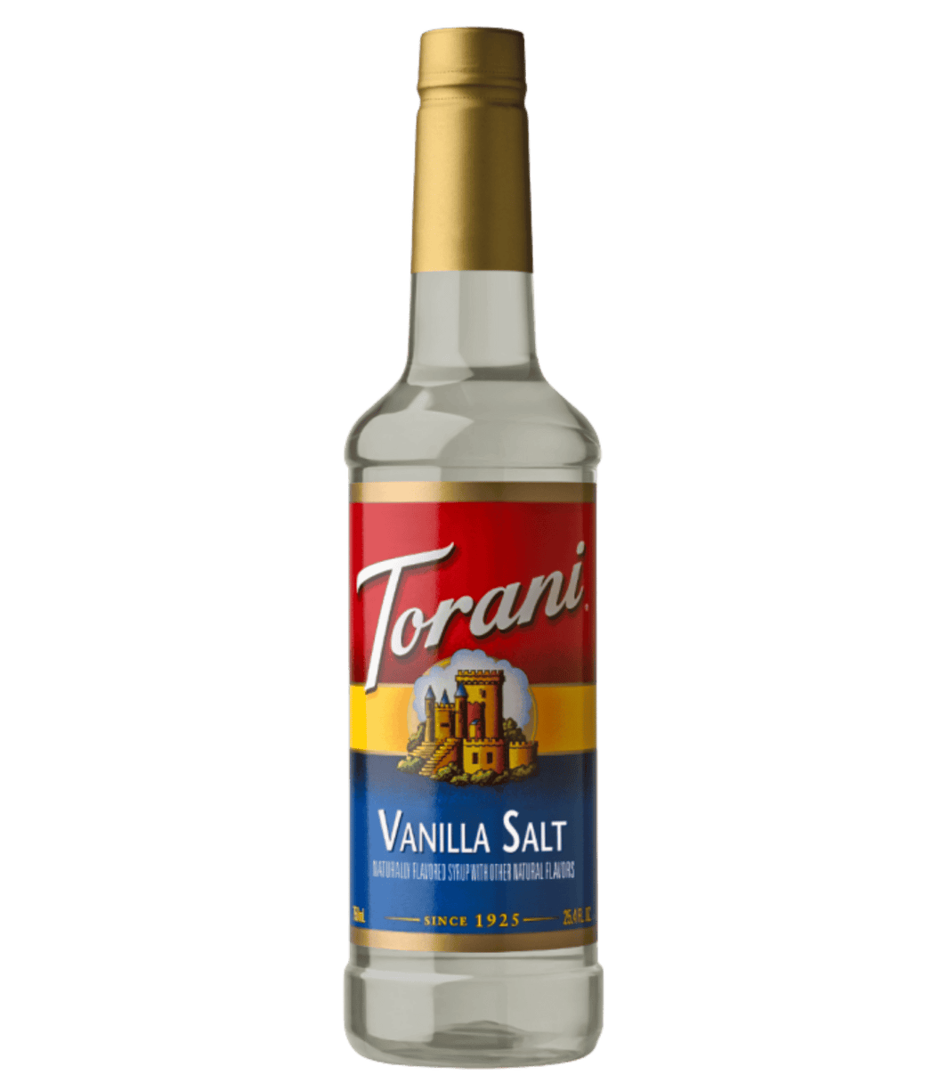 Torani Vanilla Salt syrup bottle on a transparent background