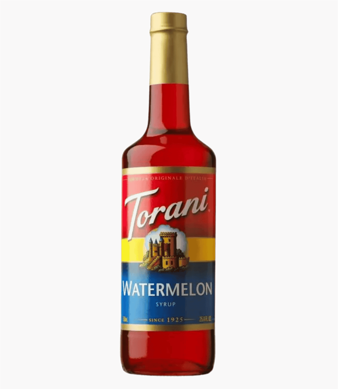 Torani Watermelon syrup bottle on a transparent background