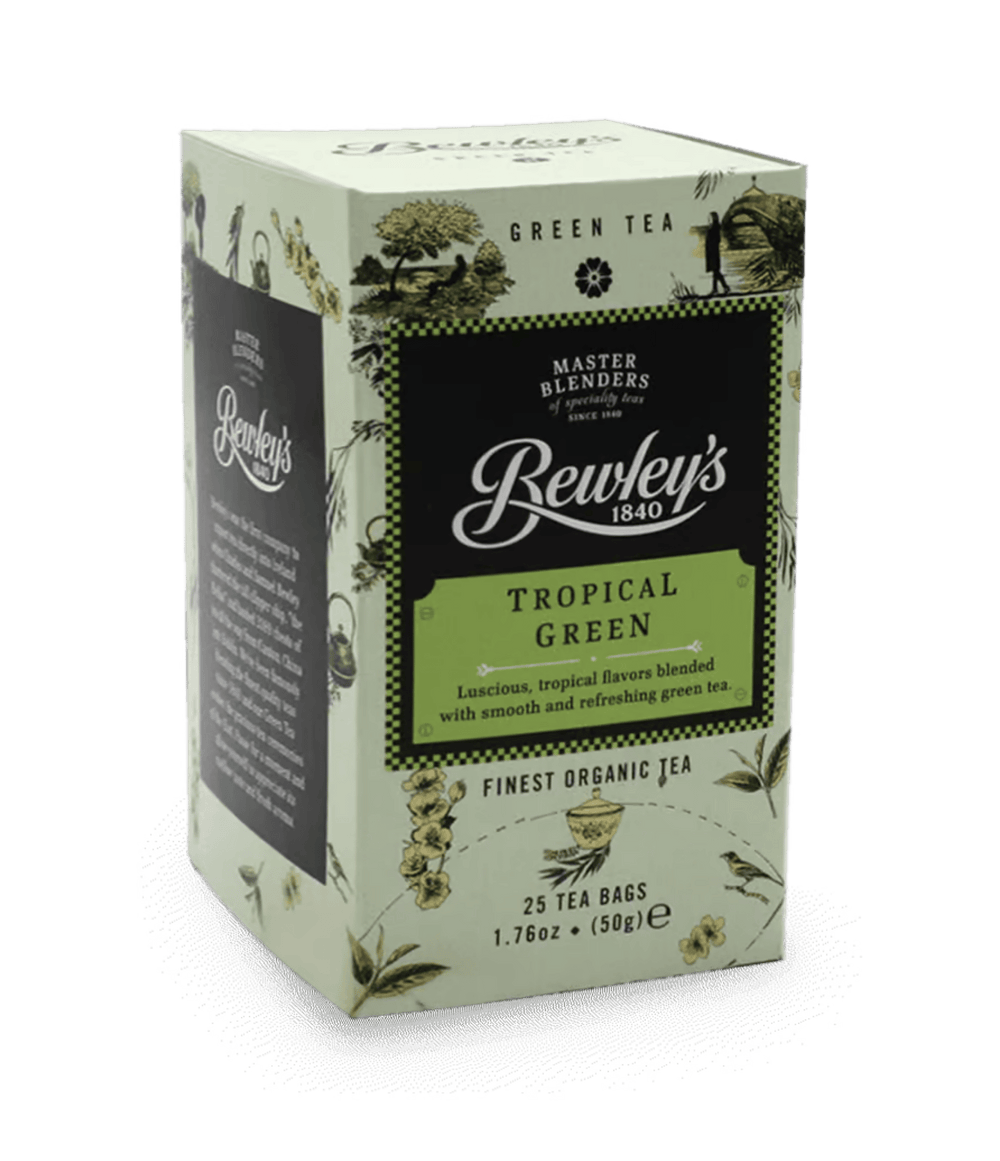 Box of Bewley's Tropical Green tea on a white background