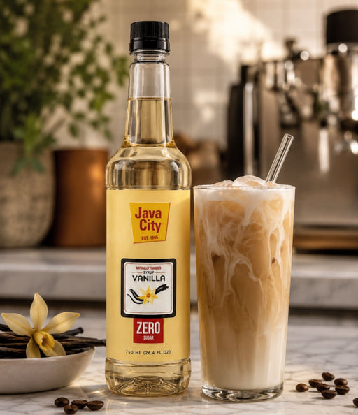 A bottle of Java City Vanilla Zero Sugar syrup stands next to a tall glass of iced coffee with milk swirls, set on a marble surface with coffee beans and a vanilla flower in a warm, softly blurred kitchen setting.